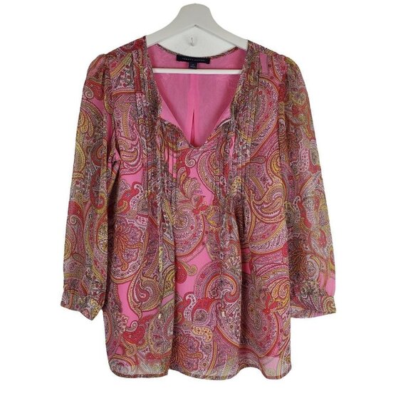 Tommy Hilfiger S Pink Paisley V-neck blouse 3/4 sleeves Retro Colorful - Picture 1 of 11